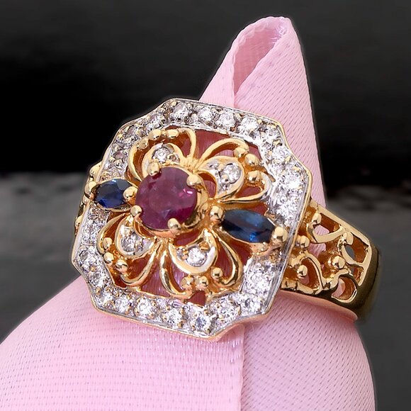 Vintage 18kt Yellow Gold Diamond Ring, Ruby and Sapphire, SZ 6, Appraised $3350 - Picture 5 of 11